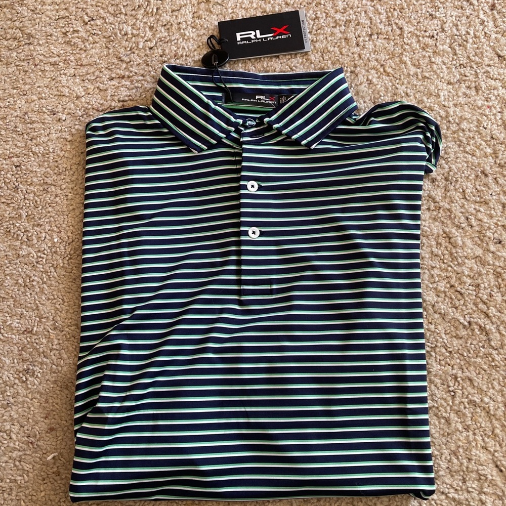 RLX Ralph Lauren Mens Golf Polo Green Blue Stripes